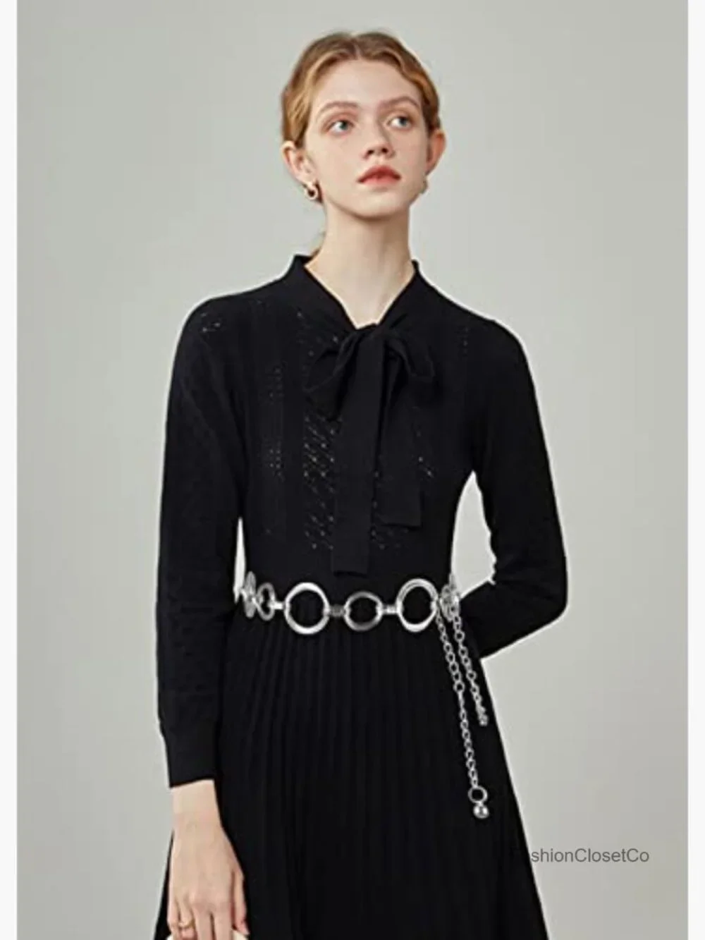 Metal Chain Dress Belt Hollow Out Leaf Bead Pendant Sweater Belt Skinny Waist